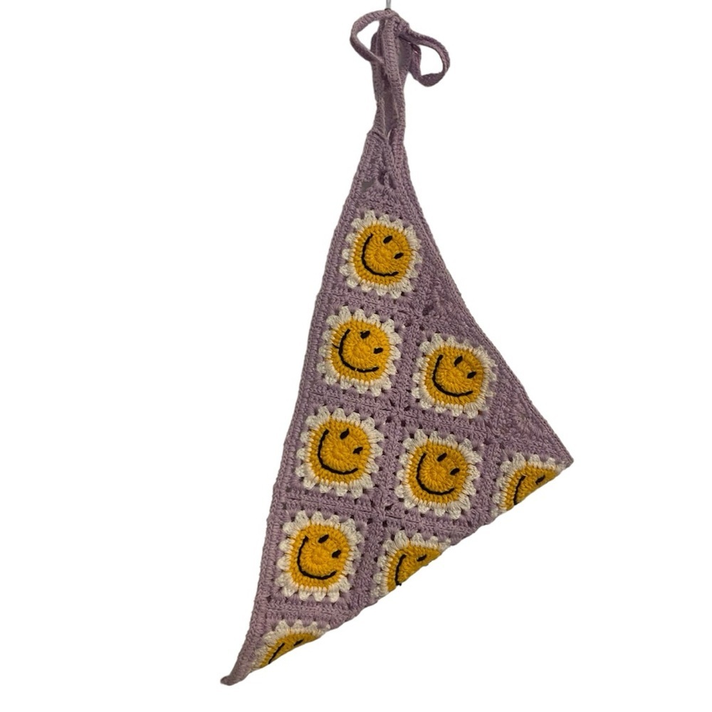 Purple Smiley Open Knit Head Covering String Knot
